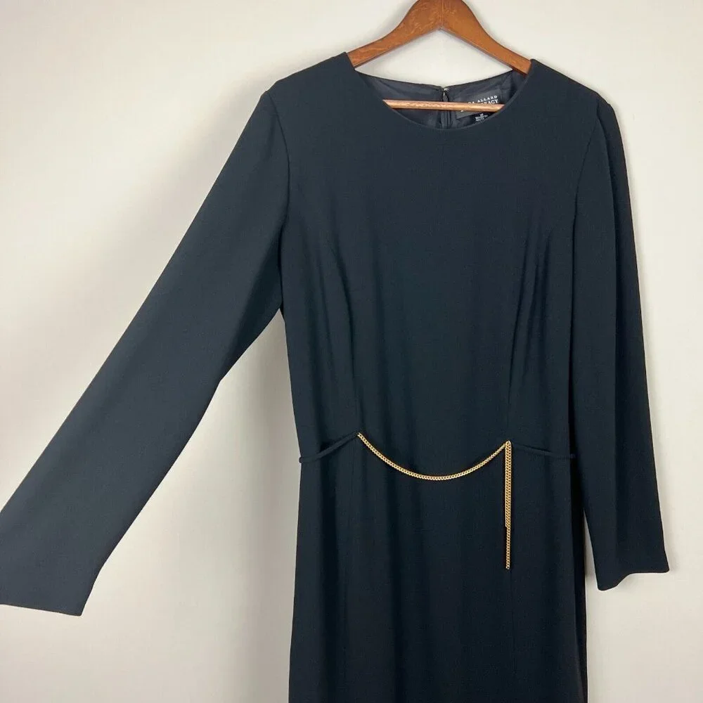 Linda Allard Ellen Tracy Dress Womens 12 Black Sheath Chain Long Sleeve Business